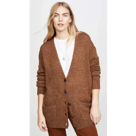 RE/DONE 90s V Neck Oversized Alpaca Cardigan Sweater Camel Shag M - Picture 3 of 10
